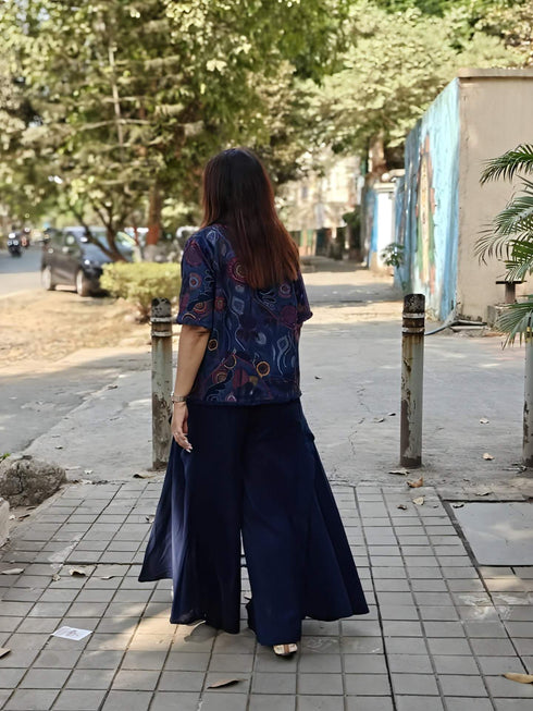 Blue Shirt with Drape Flared Pants